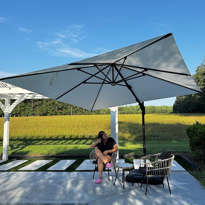 PURPLE LEAF 10 Feet Patio Umbrella with Base Outdoor Cantilever Solar Powered LED Swivel Square Umbrella Aluminum Offset Umbrella with 360-degree Rotation for Garden Deck Pool Patio White by PURPLELEAF