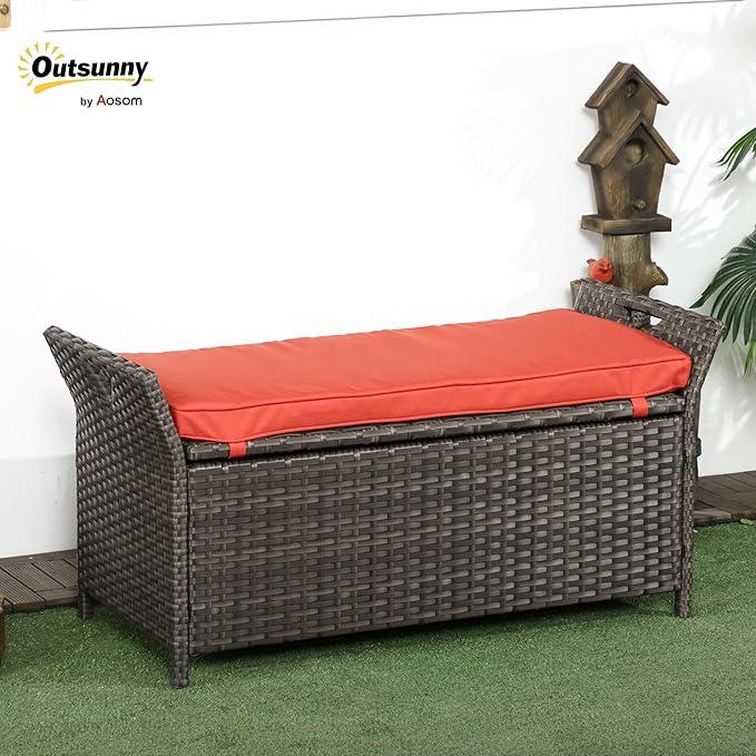 Outsunny 29 Gallon Patio Wicker Storage Bench, Outdoor PE Rattan Patio Furniture, 2-in-1 Large Capacity Rectangle Garden Storage Box with Handles and Cushion, Red - Image 2