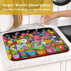 Colorful Floral Dish Drying Mat 16 X 18 Black Spring Flowers Absorbent - Image 7