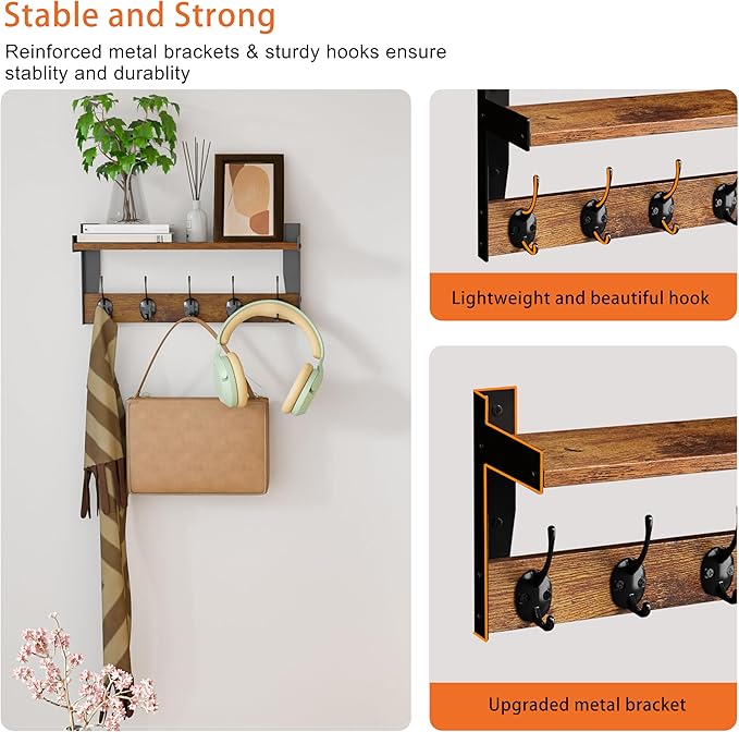 Wall Hooks with Shelf, Wood Coat Rack with Shelf Wall-Mounted, Entryway Hanging - Image 5
