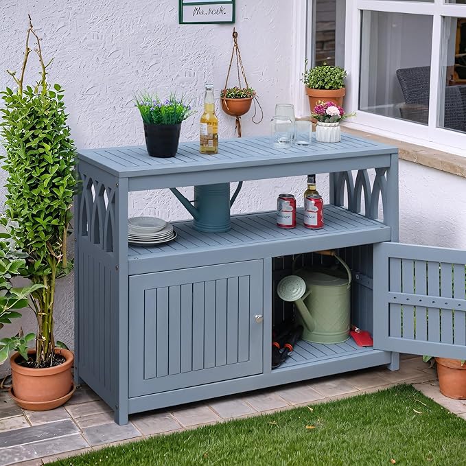 Flamaker Acacia Wood Cabinet with 2 Magnetic Doors - Weatherproof Outdoor Storage, Buffet, TV Stand, Bar, Potting Table (Grey) - Image 2