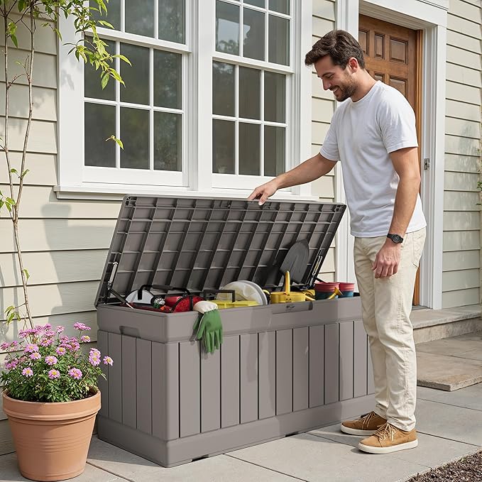 Devoko 78 Gallon Deck Box, Waterproof Resin Outdoor Storage Box for Outside and Patio, Outdoor Storage Bench Lockable for Patio Furniture, Garden Tools and Pool Supplies (Light Brown, 78 Gallon) - Image 6