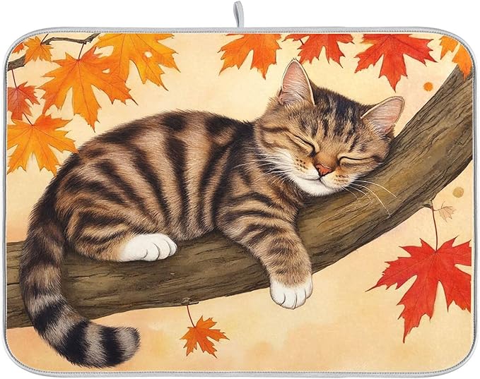 Fall Cats Dish Drying Mat for Kitchen Countertop 16x18 Autumn Maple Leaves by Wamika