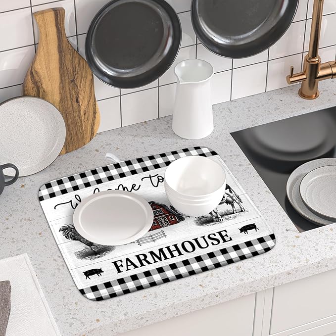 Farmhouse Barn Dish Drying Mat 16x18 Inch Cow Rooster Absorbent Microfiber Dish - Image 6