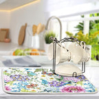 Floral Birds Dish Drying Mat for Kitchen Spring Globe Daisy Butterfly Flowers - Image 5