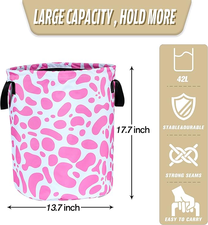 Pink Cow Print Laundry Basket Animal Foldable Oxford Cloth Funny Tote Bag - Image 4