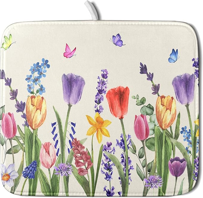 Spring Colorful Flower Dish Drying Mat 16x18 Inch Spring Summer Wildflowers by Kawani