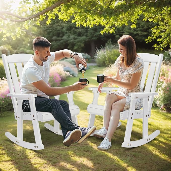 VINGLI Outdoor Rocking Chair Set of 2, Heavy Duty 600 LBS Wooden Rocking Chair with Comfortable Backrest, Weatherproof Rocker with Ergonomic Design, Suit for Patio, Garden, Yard, White - Image 7