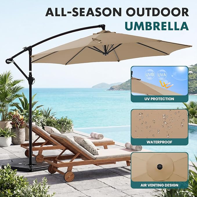 OLIXIS Offset Patio Umbrella, 9.7FT Cantilever Table Umbrellas for Outdoor Sun Shade UV Protection with Easy Tilt Adjustment, 8 Ribs for Backyard, Lawn, Garden, Pool - Khaki - Image 2