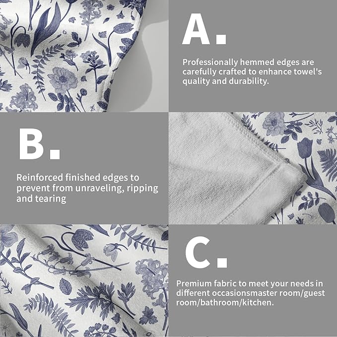 Spring Floral Hand Towels for Bathroom Set of 2 Blue White Flower Leaves - Image 5