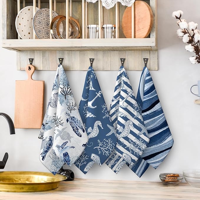 Blue Nautical Seahorse Corals Sea Turtle Kitchen Dish Towels Decorative Set of 4 - Image 6