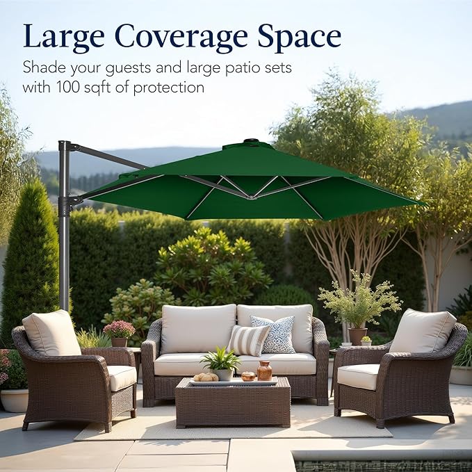 Best Choice Products 10ft Offset Cantilever Hanging Market Patio Umbrella, Smooth 360° Rotation, 8 Sturdy Ribs, Easy Adjustment - Green - Image 4