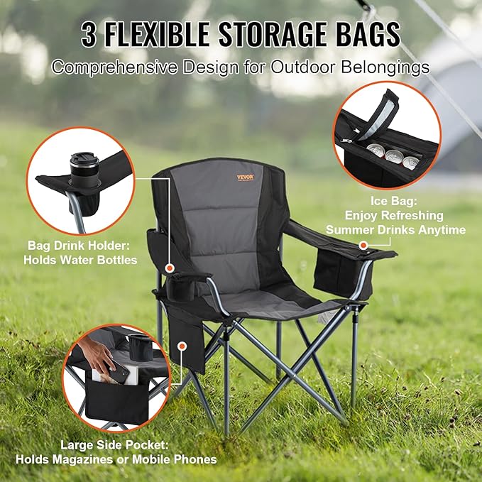 VEVOR Oversized Camping Folding Chair, Portable Heavy Duty Outdoor Quad Lumbar Back Padded with Side Pockets, Cup Holder and Cooler Bag for Beach, Lawn, Picnic, Fishing, Backpacking, Black - Image 8