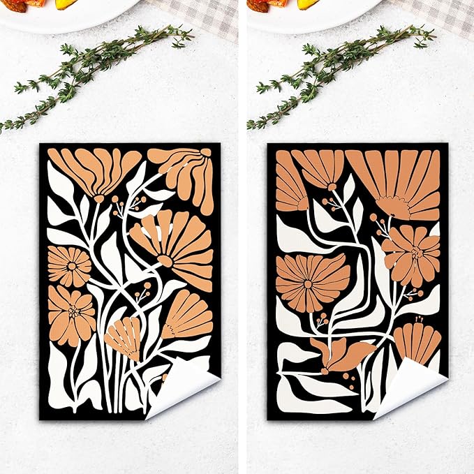 Abstract Boho Black and Beige Brown Floral Kitchen Towels Set of 2, 70s Retro - Image 4