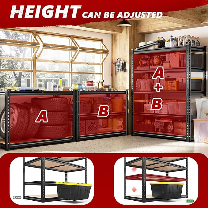 REIBII 2400LBS Storage Shelves 5 Tier Garage Shelving Heavy Duty Adjustable Garage Shelves, Utility Rack Shelf, Shelving Units for Storage Warehouse Pantry Closet, 35.5" W x 11.9" D x 72" H, Black - Image 5