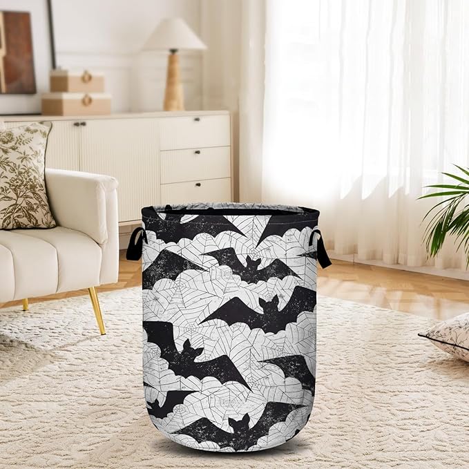 Retro Black White Bat Laundry Basket, Halloween Laundry Hamper Collapsible - Image 6