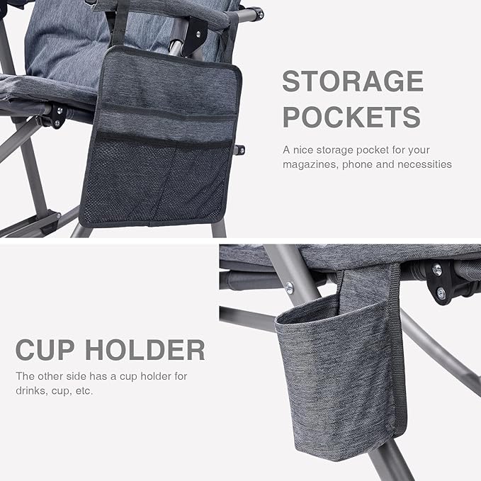 EVER ADVANCED Oversized Folding Rocking Camping Chair, Padded Portable Rocker Chair for Patio, Lawn and Outdoors, Heavy Duty Hard Armchair for Adults Supports 400lbs, Grey - Image 7