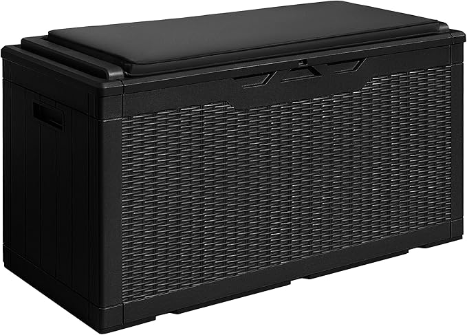 Devoko 100 Gallon Waterproof Large Resin Deck Box Outdoor Storage Box Indoor Lockable Storage Container with Cushion for Patio Furniture Garden Pool Cushions (Black) by DEVOKO
