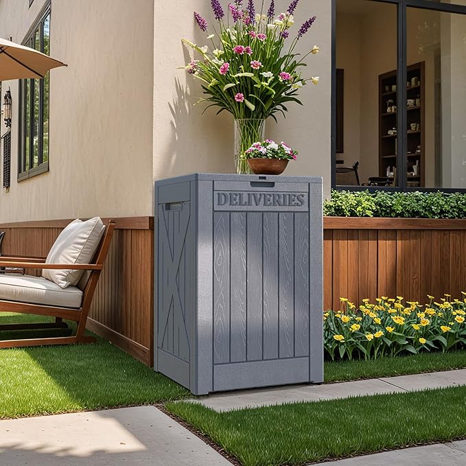 Patiowell 48-Gallon Resin Package Delivery Box for Outside, Waterproof Storage Deck Box with Lockable Secure (Grey) - Image 4