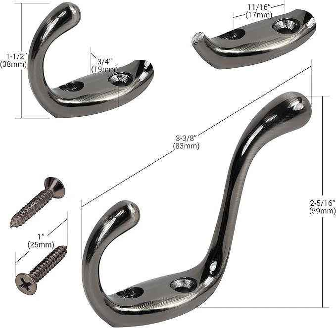 Rok Hardware Heavy Duty Dual Coat Hook, Antique Nickel, 10 Pack ROKCH101AN - Image 2