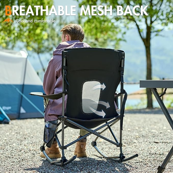 Portal Outdoor Rocking Chair Camping Folding Portable Rocker with Cup Holder Side Pocket Carry Bag, Support 350LBS (Mesh Black) - Image 5
