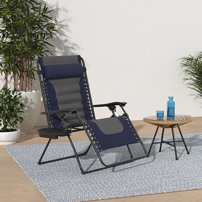 Best Choice Products Oversized Padded Zero Gravity Chair, Folding Outdoor Patio Recliner, XL Anti Gravity Lounger for Backyard w/Headrest, Cup Holder, Side Tray, Polyester Mesh - Navy/Gray - Image 2