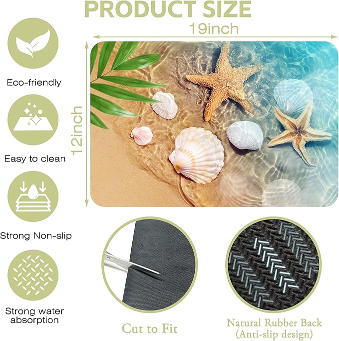 Dish Drying Mat Summer Beach Starfish Seashell Kitchen Mat 12"x19" Bsorbent - Image 4
