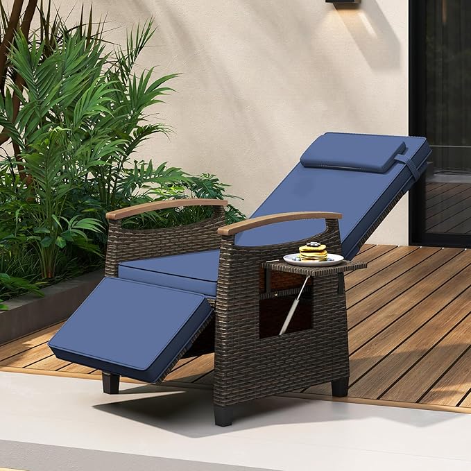 RELAX4LIFE Rattan Outdoor Recliner Chair - Wicker Chaise Lounge Chair w/Adjustable Back & Footrest, Acacia Wood Armrests, Flip Side Table, Cushion, Reclining Patio Chair for Pool Yard (1, Navy) - Image 2