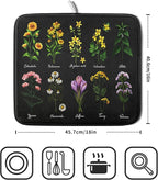 Black Flower Herbs Dish Drying Mat 16x18 Inch Botanical Floral Microfiber - Image 2