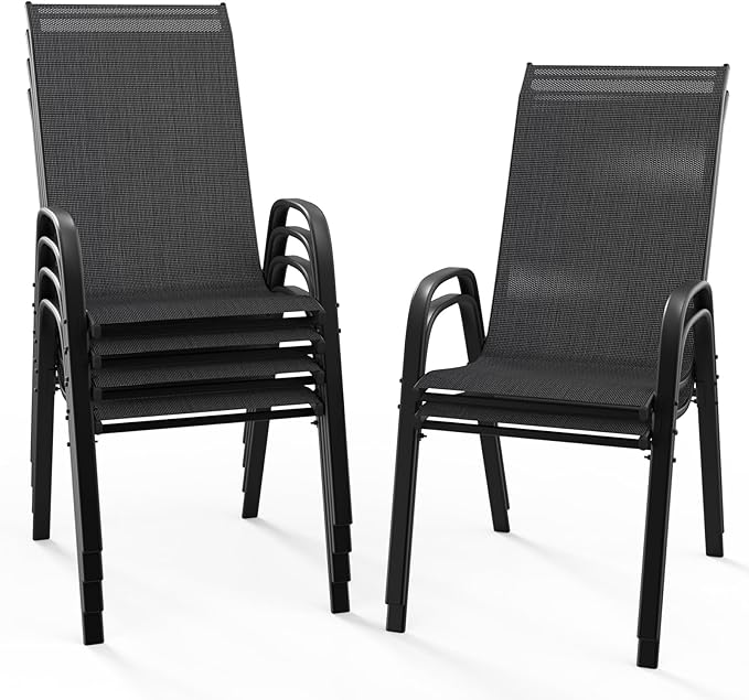 VINGLI Patio Chairs Set of 6 – Stackable Outdoor Dining Chairs with Comfortable Sling High Back Chairs and Armrests for Lawn, Poolside, Courtyard, Balcony, Garden, Black by VINGLI