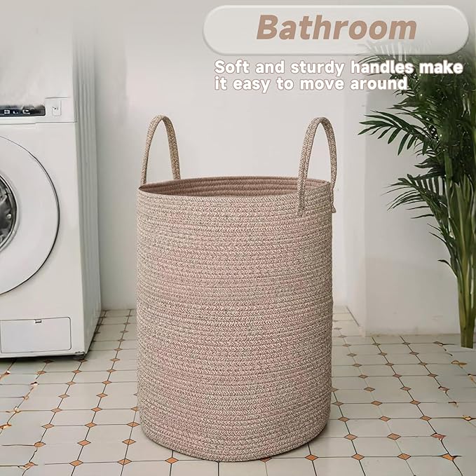 Large Woven Laundry Basket Hamper, 60L Cotton Rope Storage Bin - Image 5