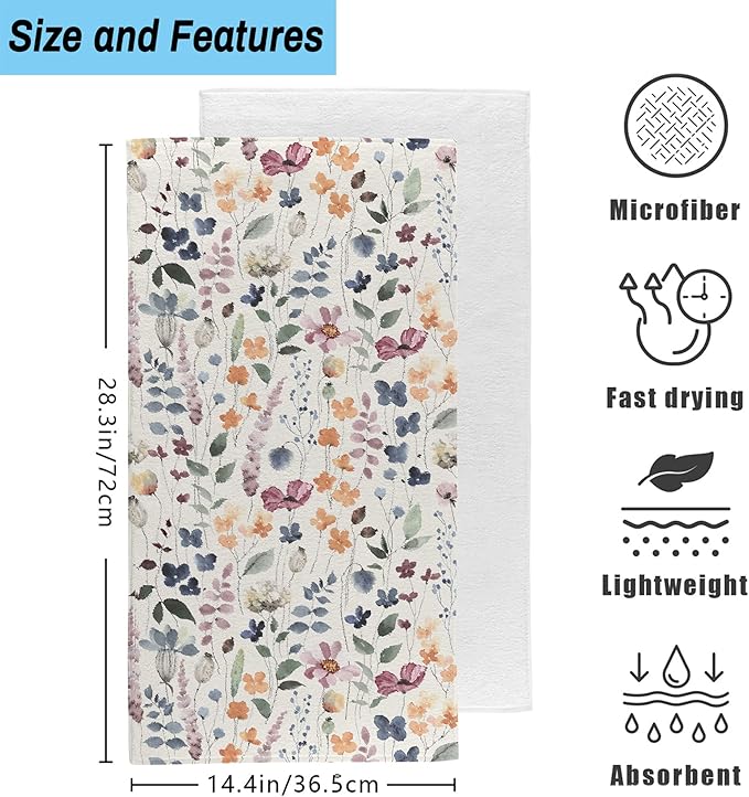 Watercolor Flowers Bathroom Hand Towel Set of 2, Vintage Botanical Floral - Image 2