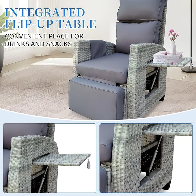 Wicker Outdoor Recliner | 145° Wicker Patio Reclining Chair with 4" Cushion | Air Pump Adjustable Backrest & Footrest, Flip-up Table & Side Pocket for Yard Patio Porch (Gray) - Image 5