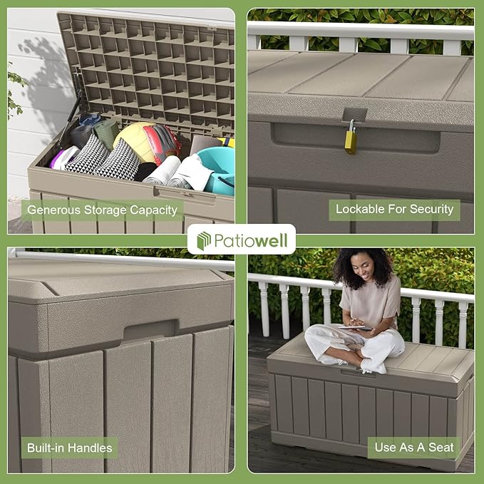 Patiowell 82 Gallon Resin Deck Box, Waterproof Large Wood Look Storage Box for Patio Furniture, Pool Accessories, Garden Tools and Sports Equipment, Lockable, Light Brown - Image 4