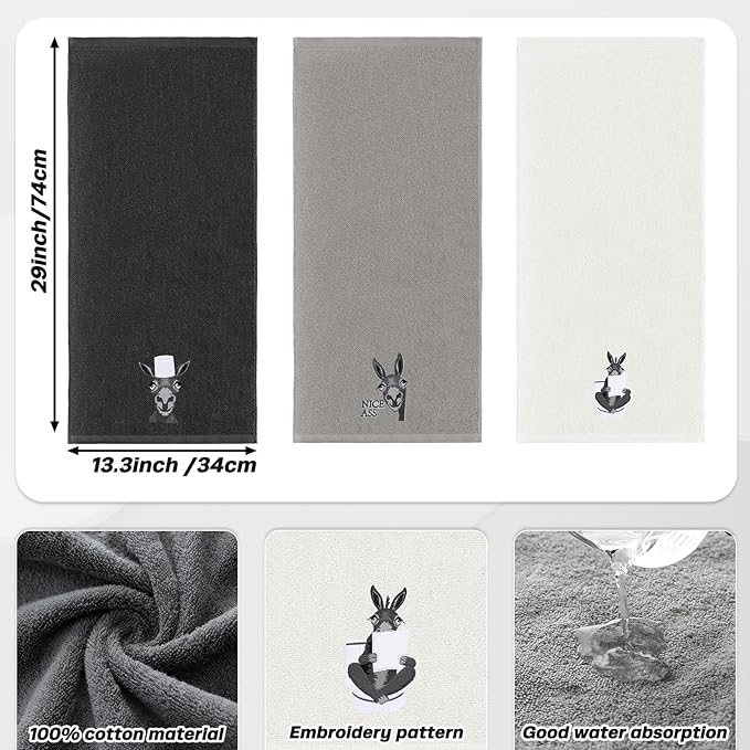 3 Pcs Funny Donkey Hand Towels Embroidered Donkey Farmhouse Decorative Bathroom - Image 2