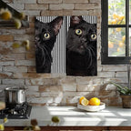 Cute Black Cat Hand Towel for Bathroom Set of 2, Cat on Black White Stripes - Image 5
