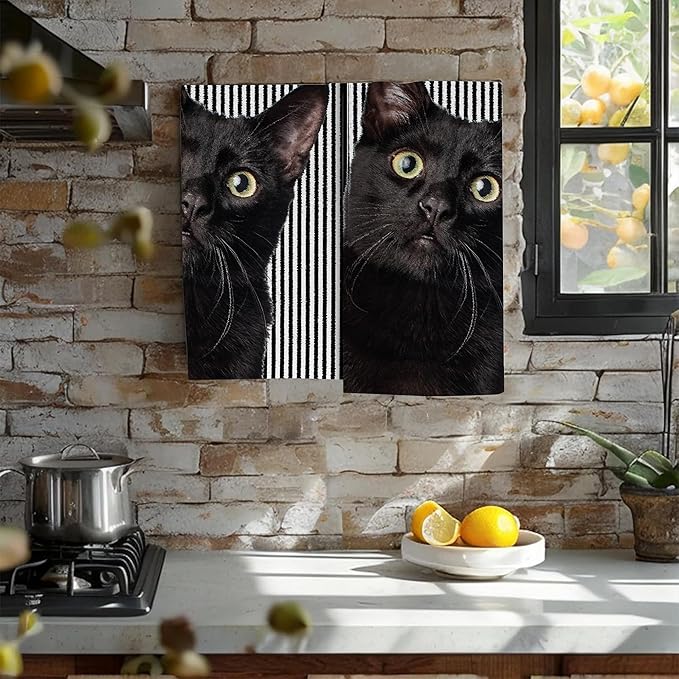 Cute Black Cat Hand Towel for Bathroom Set of 2, Cat on Black White Stripes - Image 5
