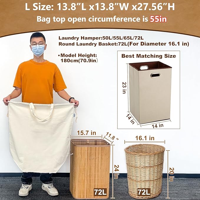 Canvas Laundry Bags with Handles & Square Base 13.8"Lx13.8"Wx27.6"H, Large - Image 2