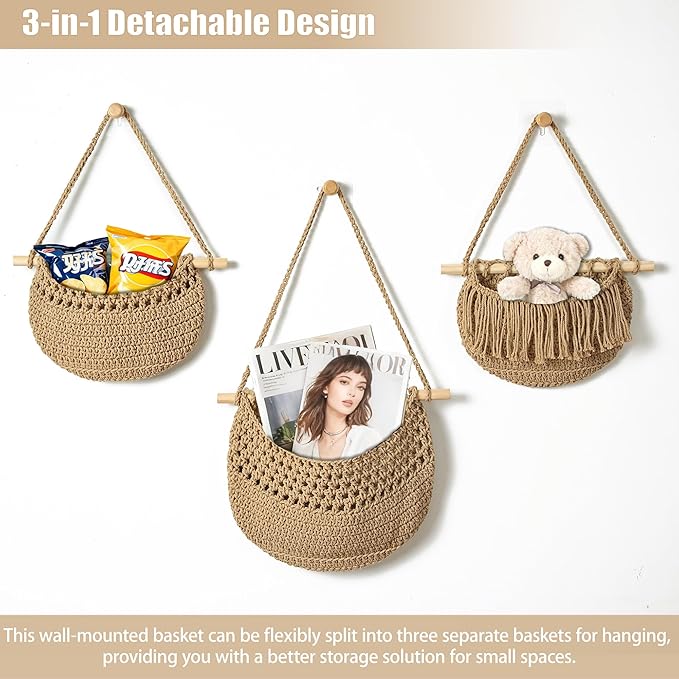 3 Tier Hanging Fruit Baskets for Kitchen, Boho Cotton Rope Handwoven Vegetable - Image 5