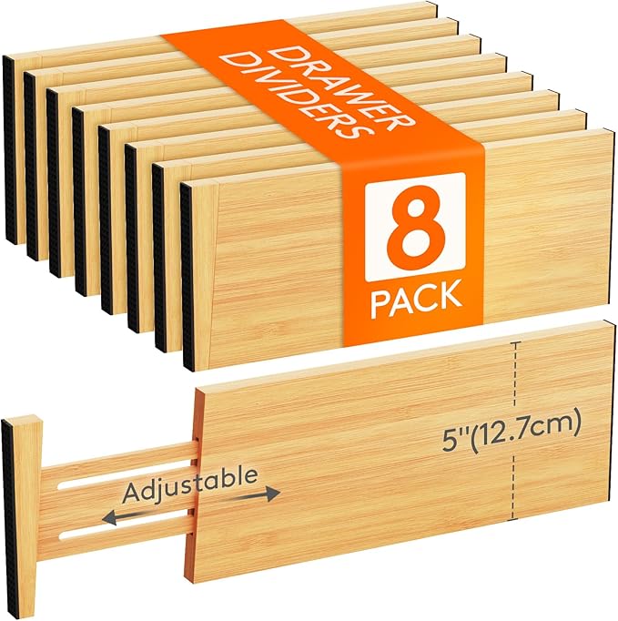 Lifewit 5" High 8 Pack Bamboo Drawer Dividers 33-42cm/13-16.5" Adjustable by Lifewit