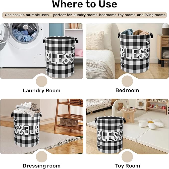 Checkered Bless Laundry Basket, Waterproof Fabric Storage Basket - Image 4