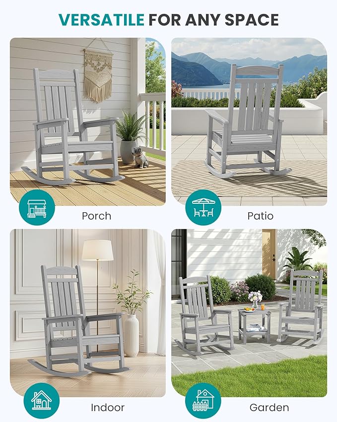 SERWALL HDPE Outdoor Rocking Chair Set of 4, Oversized Patio Rocking Chairs, All-Weather Porch Rockers for Adults, Light Gray - Image 9