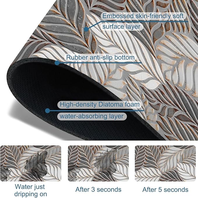 Embossed Leaf Texture Sink Splash Guard Grey Leaf Faucet Absorbing Mat Fast - Image 3