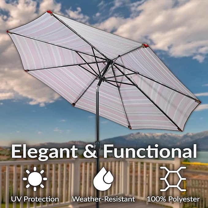 Sunnydaze Outdoor Patio Umbrella - Polyester Table Market Umbrella with Push-Button Tilt and Crank - 8 Sturdy Ribs - Awning Stripe - 9ft - Image 3