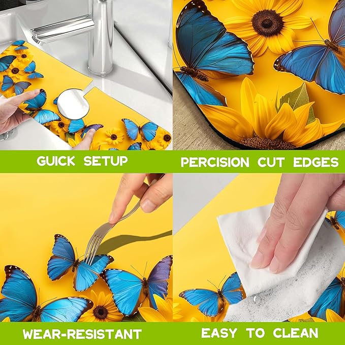 Kitchen Sink Splash Sunflowers and Blue Butterflies Guard Faucet Mat Super - Image 5