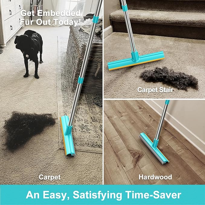 Carpet Rake for Pet Hair Removal, Dog Cat Fur Remover Rubber Broom, Stainless - Image 5