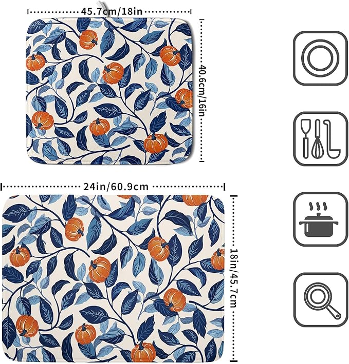 Autumn Pumpkin Dish Drying Mat for Kitchen Counter 18x24 Inch Blue and Orange - Image 2