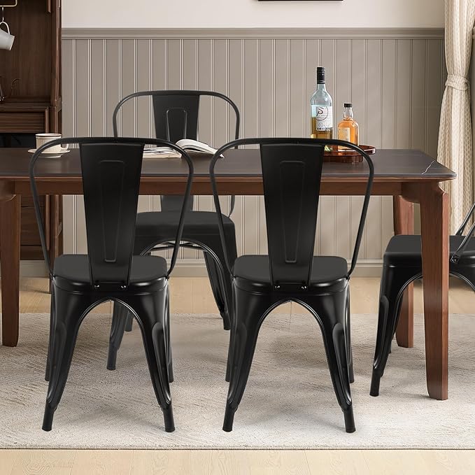 FDW | Metal Dining Chairs | Set of 4 | Black | Stackable Tolix Side Chairs with Backrest | Scratch-Resistant | Non-Slip Feet | Indoor/Outdoor Use | 330 lbs Capacity | for Kitchen & Restaurant - Image 2
