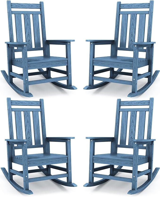 KINGYES Oversized Outdoor Rocking Chair Set of 4, All-Weather Patio Rocking Chairs for Porch, HDPE Outdoor Patio Rockers with High Back & Wide Seat for Garden, Lawn, Blue by KINGYES