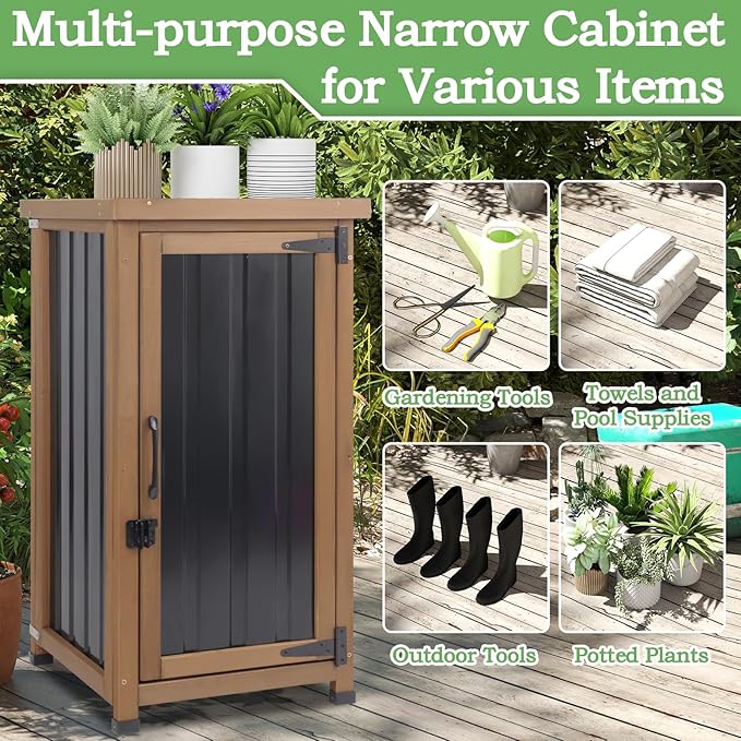 Small Outdoor Storage Cabinet Waterproof with Metal Top, Wood & Metal Outside Potting Bench Table Tool Organizer with Adjustable Shelf for Patio Backyard Garden - Image 6